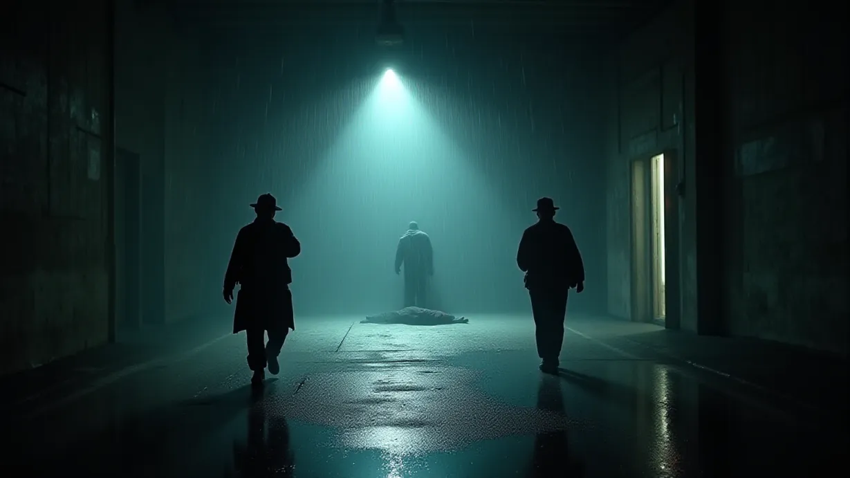 Image Two guards, illuminated by the erratic beams of their flashlights, freeze mid-stride in a dimly lit warehouse loading bay. Rain streaks across the scene, blurring the edges of the environment and reflecting the cold, artificial light. The floor is slick with puddles, mirroring the harsh glare of the flashlights and creating a sense of claustrophobia. A stark silhouette of a figure, barely visible in the shadows near a covered corpse, is partially obscured by the guards. The overall composition emphasizes the tension: a dark, ominous presence lurking in the shadows. The light source is the flashlights, and the environment is a mix of dark shadows and reflected light. Focus on the guards' movements and the flashlights creating a dramatic lighting effect. A sense of urgency and mystery surrounds the scene.