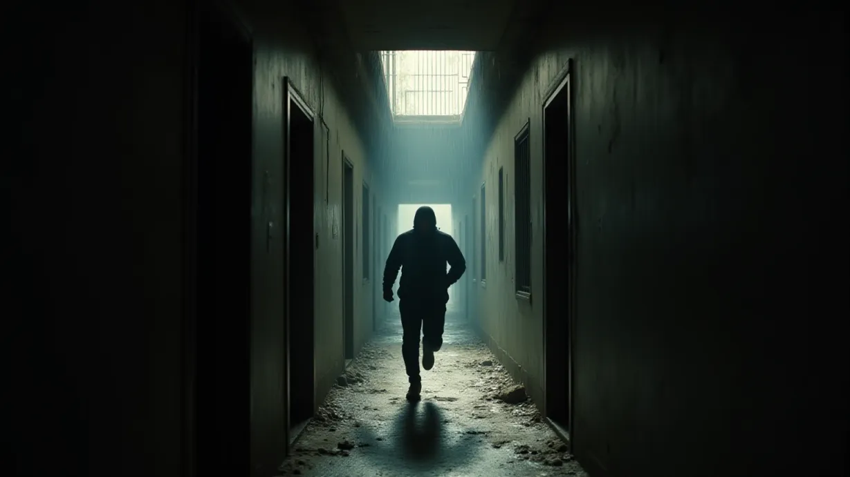 Image A high-action, cinematic shot within a dimly lit, multi-story building interior. The focus is on a long, narrow hallway, its walls scarred and marked by the chaos of the recent conflict. Rain streaks across a high, barred window at the end of the corridor, providing a hazy, diffused light that contrasts with the sharp, artificial light spilling from doorways and overhead fixtures. The floor is littered with debris, spent shell casings, and pools of shadow cast by the dim lighting. In the mid-ground, a figure, 'Ghost', is silhouetted as he sprints down the hall, his form a blur of motion. A second figure, only partially visible, possibly the fleeing target, is barely glimpsed ahead, their form further obscured by the low light. The sound of gunfire echoes through the scene, as bullets kick up dust and debris. The camera follows Ghost's descent down the hallway, capturing the sense of pursuit and impending danger. Include sparks, muzzle flashes, and bullet impacts to create a dynamic and suspenseful atmosphere. Focus on the lighting and composition to direct the viewer's eye and generate a sense of unease and anticipation.