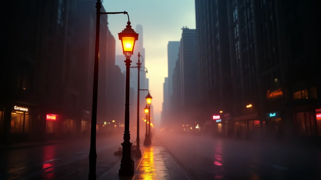 Image Establishing shot of a bustling street in Jump City at dusk. Golden hour light streams between towering skyscrapers, casting long, dramatic shadows that stretch across the rain-slicked pavement. Wisps of fog, illuminated by the setting sun, drift through the canyons of buildings, partially obscuring the distant skyline. A lone, antique streetlamp glows with a warm, inviting light, its halo of illumination contrasting with the cool blues and purples of the shadowed areas. The scene is further enriched by wet reflections on the streets, mirroring the city lights and adding depth. A few scattered neon signs from open shops provide vibrant pops of color, particularly in the foreground, drawing the eye. The overall atmosphere is one of mystery and anticipation, setting the stage for the unfolding story.