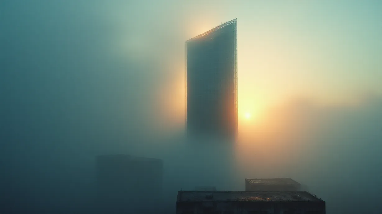 Image A wide, establishing shot of the Winston Group headquarters, a modern glass skyscraper piercing the early morning sky. The scene is shrouded in a thick, ethereal fog that obscures the lower floors, creating a sense of mystery and isolation. The rising sun casts long, dramatic shadows across the building's facade, with golden light breaking through the fog, illuminating the upper levels in a warm, inviting glow. Volumetric light streams down, highlighting the architectural lines and textures of the glass and steel. The color palette is dominated by cool blues and grays of the fog and the building, contrasted by the warm oranges and golds of the sunrise. Focus is sharp on the building's upper levels, gradually softening into the fog-filled lower sections, emphasizing depth and the scale of the structure. Weathered concrete on the base of the building shows some textures and wear, while the rest is sleek and clean.