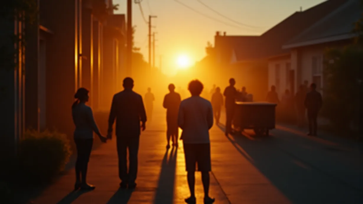 Image Wide shot capturing the transition from a warm, golden-lit interior to an exterior scene at dusk. Focus on the open doorway of a house, radiating a soft, inviting light that spills onto the street and the gathering crowd of newly transformed individuals. The foreground features the backs of two figures, one slightly unsteady, their hands clasped together. A familiar pancake cart sits across the street, now manned by a man with a kind smile, lit by the warm glow of the cart's lamps. The elderly woman, silhouetted by the sunset, touches her face in wonder. Dramatic lighting: soft golden light from the house doorway juxtaposed with the fading light of the sunset, creating long shadows and silhouettes. Detailed environment: the suburban street with houses, trees, and small groups of people reacting in various ways. Mood: hopeful, curious, and slightly surreal. The image should evoke a feeling of peace and new beginnings. Photorealistic, cinematic, 8k, depth of field, selective focus.