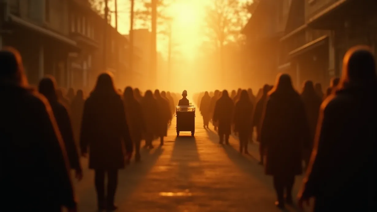 Image A long queue of transformed beings, stretching into the distance, illuminated by a soft, ethereal golden light. The scene is centered on a pancake vendor, his silhouette visible behind a small cart, the warm glow of his operation casting long shadows. The air is filled with the gentle sizzle of pancakes and the murmur of excited conversations. The queue snakes past various shop fronts and houses, details hinted at in silhouette. A pair of hands, weathered and aged, reach out for a freshly flipped pancake, their form a mere suggestion against the light. The environment details the remnants of a world in transformation.  Warm tones dominate: gold, amber, and subtle hints of pink from a distant sunset. Depth of field is used to blur the far end of the queue, creating a sense of scale and endless possibility. Dramatic lighting and environmental storytelling are heavily emphasized.