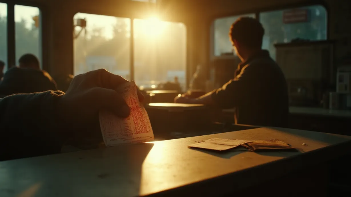 Image An over-the-shoulder shot focuses on the pancake vendor's trembling hand as it holds a lottery ticket, illuminated by a dramatic ray of late afternoon sunlight slicing through a grimy diner window. The ticket's red markings are sharply in focus, contrasted against the worn surface of the counter. In the background, out of focus, lies the faded ID card.  The air is thick with dust motes caught in the light, and the subtle aroma of frying pancakes hangs heavy in the air. The vendor's back, slightly hunched, is silhouetted against the window, emphasizing his reaction without revealing his face. The scene should convey a sense of quiet desperation and a flicker of hope, with the details of the ticket and ID card drawing the viewer's eye.
