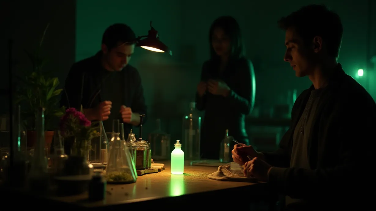 Image A dimly lit laboratory, late at night. The room is filled with an assortment of scientific equipment - beakers, vials, Bunsen burners, and strange, glowing plants in glass cases. The air is heavy with the scent of ozone and unknown chemicals. In the center, a cluttered workbench bathed in the warm, focused glow of a desk lamp. On the bench, a small, glowing green vial takes center stage, reflecting light onto the surrounding tools and containers. The foreground is partially obscured by a close-up of a pair of hands - Donnie's, steady and deliberate, mixing compounds with a pipette. Behind him, partially silhouetted against the dim light, Gwen stands with fists clenched, tiny sparks of energy dancing around her fingers. The background is a wash of shadows and indistinct shapes, hinting at other equipment and materials. A ruby necklace, held tightly in a hand, glows faintly in the corner, catching the light and pulsing with an inner energy. Dramatic lighting, with strong highlights on the vial and workbench, and deep shadows emphasizing the urgency and the clandestine nature of the operation. The overall mood is one of high tension, urgency, and focused determination.