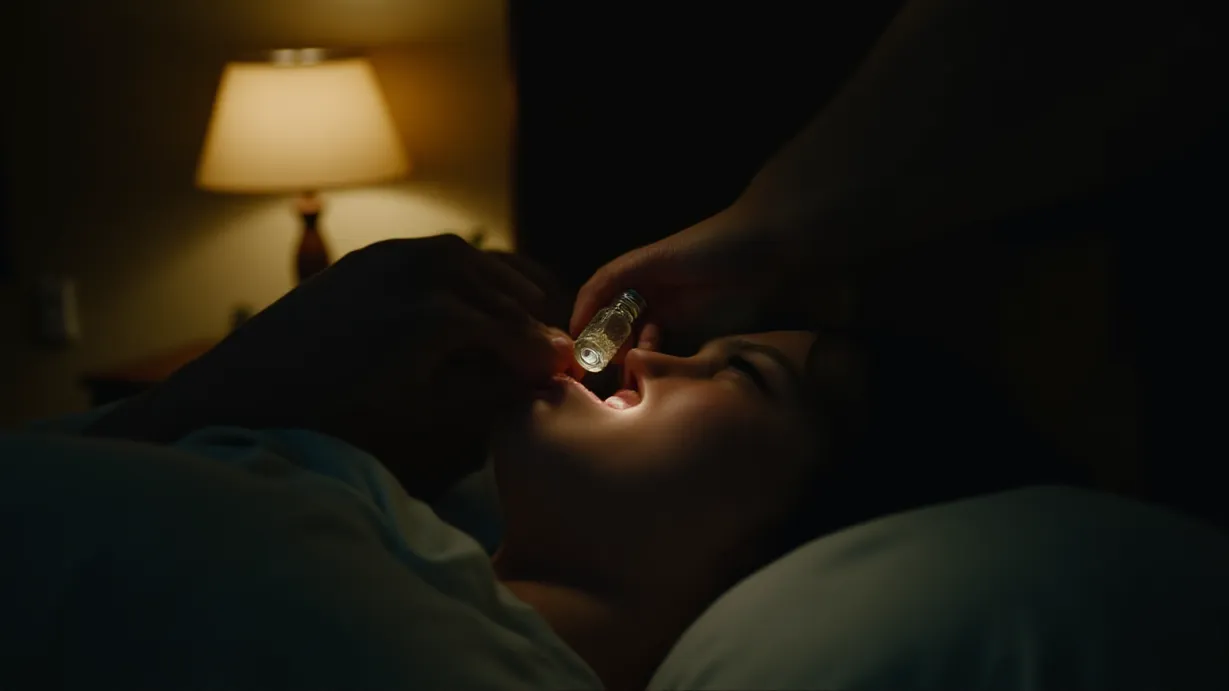 Image A close-up, dramatic scene inside Leo's room, focused on the act of administering the antidote. The room is dimly lit, illuminated primarily by a single bedside lamp casting a warm glow on Leo's pale face and the hands administering the vial. Rose, rendered as a silhouette hovering over Leo, her gaze fixed on his face. The camera angle is low, emphasizing the vulnerability of the moment. The hand giving the antidote is the primary focus, the vial glinting subtly in the light. Depth of field is shallow, blurring the surrounding environment except for the immediate area around Leo and the vial. A deep, melancholic atmosphere is conveyed through selective focus and the play of light and shadow. Focus is centered on the vial being poured into Leo's mouth and Leo's chest rising and falling. The scene is a mix of hope and dread, reflected in the warm light and the heavy shadows, hinting at the unknown consequences.