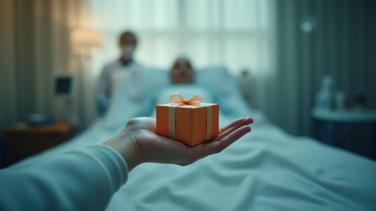 Image A medium shot of a quiet hospital room. Soft, ambient light emanates from a hidden source, casting gentle shadows and highlighting the medical equipment. Focus on a patient's bed, neatly made. In the foreground, a slightly out-of-focus hand reaches out to receive a small, brightly colored box. The box is wrapped and tied with a delicate ribbon. The background is softly blurred, suggesting the presence of medical staff and equipment, but emphasizing the intimacy of the moment. The air is clean and sterile, but a subtle warmth is implied through the color palette. The bedsheets have a slight texture, hinting at the softness of the material. The scene evokes a feeling of relief, peace, and gratitude. There is a sense of hope. The overall lighting is gentle and diffused, with subtle rim lighting around the hand and box.