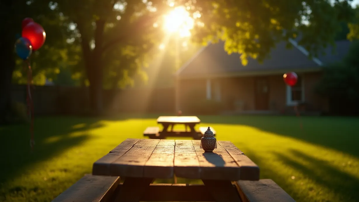 Image A sun-drenched backyard scene, bathed in the golden light of late June. The focal point is a weathered wooden picnic table, draped with a checkered tablecloth, positioned slightly off-center. A small, ornate amulet, reflecting the sunlight, lies on the table's surface. Sunbeams pierce through the canopy of mature trees that frame the yard, casting dappled shadows across the lush green grass and creating areas of bright light and deep shade. The air shimmers with heat haze, adding a soft, ethereal quality to the scene. Colorful balloons are tied to chairs around the picnic table, gently swaying in the breeze. A sense of celebratory joy pervades the scene, but with a subtle undercurrent of mystery surrounding the amulet. The background includes a well-maintained house with a partially visible brick facade, suggesting a suburban setting. Birds are visible in flight. There is depth of field with the amulet in sharp focus, and elements of the yard gradually blur toward the background, creating a sense of immersion and space.