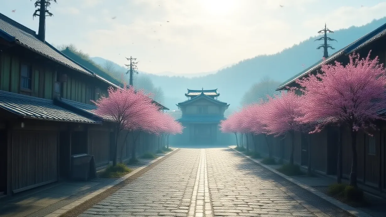 Image Establishing shot of a vibrant Japanese village at dawn. The village is nestled amongst rolling hills, shrouded in a gentle morning mist that clings to the rooftops and cobblestone streets. Soft, diffused sunlight breaks through the mist, casting long, ethereal shadows that stretch across the village square. Buildings feature traditional architecture with weathered wooden facades and tiled roofs, aged by time and the elements. Cherry blossom trees line the streets, their pink petals gently falling to the ground, creating a delicate carpet on the damp cobblestones. The air is filled with the sounds of birds chirping and distant wind chimes, creating a peaceful and inviting atmosphere. The color palette is dominated by soft pastels: the muted greens and browns of the buildings, the pale pink of the blossoms, and the soft blues and purples of the sky blending seamlessly into a gradient of morning light. Volumetric light highlights the depth of the scene, and the composition follows the rule of thirds, with a winding path leading from the foreground into the heart of the village, drawing the viewer's eye. The focal point is a central building with a distinctive design, suggesting a special significance, perhaps their home. The entire scene exudes a sense of peace, community, and a hint of the unusual, like a secret society.