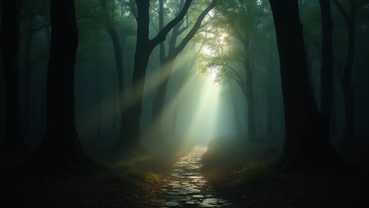 Image A wide establishing shot of a dense, ancient forest at the edge of an all-male college. Early morning light filters through the thick canopy, creating long, dramatic shadows that stretch across the forest floor. The air is heavy with mist and fog, lending a sense of mystery and age to the scene. Sunbeams pierce through the gaps in the trees, illuminating patches of the forest floor and creating a volumetric lighting effect. The ground is covered in damp leaves and moss, with weathered stone paths winding through the trees, hinting at the presence of the college beyond. The color palette is dominated by deep greens, browns, and muted blues, with the sunbeams providing a touch of warmth and contrast. Focus on the textures: the rough bark of the trees, the intricate patterns of the leaves, and the dampness of the moss. The composition uses leading lines from the paths to draw the viewer's eye into the forest, suggesting a journey or exploration. The scene evokes a sense of both serene beauty and hidden secrets, setting the stage for the story.