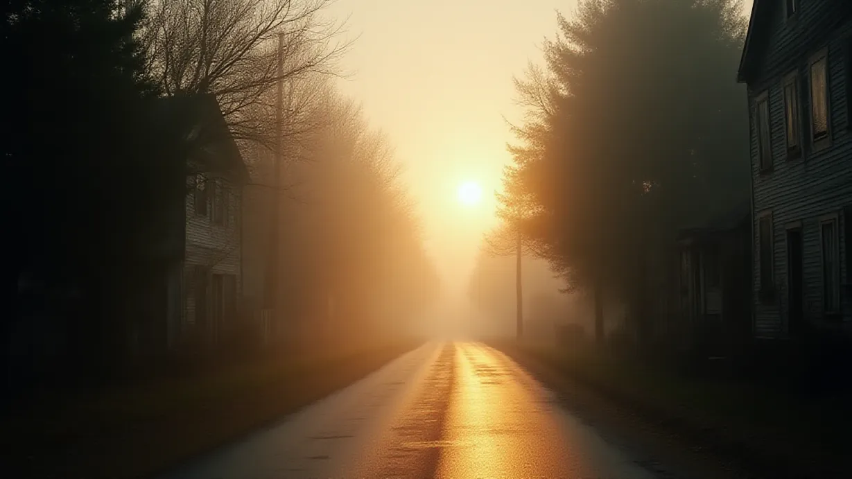 Image A long, empty, tree-lined street in Wellsbury, New England, at dawn. The air is thick with a heavy, low-lying fog, obscuring the details of the quaint New England houses that line the street. The golden light of the rising sun barely penetrates the mist, casting long, ethereal shadows that stretch across the wet asphalt. The road, slick with morning dew, reflects the diffused sunlight, creating a soft, muted glow. Weathered, wooden houses stand tall on either side of the street with peeling paint and overgrown foliage, adding to the atmosphere of age and quietude. A single, old-fashioned street lamp, its bulb glowing faintly, stands in the middle distance, framed by the fog and the trees. The composition is a wide shot emphasizing depth and the vastness of the empty street.