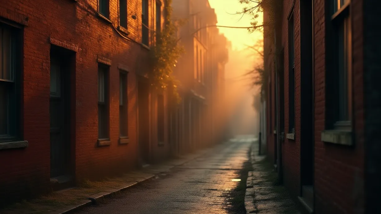 Image Establishing shot of a weathered, red-brick building in Wellsbury, New England, bathed in the soft, golden light of a late afternoon. The scene is thick with a gentle, ethereal mist that obscures the distant buildings and softens the edges of the structures. The sky is a gradient of warm oranges and deep blues, hinting at the approaching dusk. Rain-slicked cobblestone streets reflect the ambient light, enhancing the sense of depth and the overall mood. The building's facade features prominent, peeling paint and ivy creeping up the walls, emphasizing age and a history of neglect. Focus on a single window framed by a dark wooden frame, with a partially visible, tattered curtain. The composition follows the rule of thirds, with the building on the right side and the empty street extending towards the vanishing point. Volumetric lighting creates beams of light that pierce through the mist, illuminating dust particles suspended in the air. The color palette is dominated by warm hues of red, orange, and gold, complemented by cool blues and grays in the shadows, contributing to a feeling of isolation and melancholy.