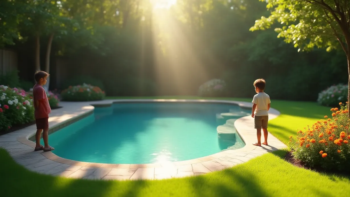 Image A wide shot of a luxurious backyard on a sunny day, focusing on the edge of a crystal-clear swimming pool. Lush green grass and a variety of colorful flowers surround the pool, creating a vibrant and inviting atmosphere. Sunlight filters through the leaves of surrounding trees, casting dappled shadows across the lawn. A boy, Lucas, is leaning against the wall, looking out over the pool area. The other boy, Mohamed, stands near the edge of the pool, his back to the camera, gazing out at the scene. His posture suggests a mix of curiosity and guardedness. The scene is bathed in soft, natural light, emphasizing the beauty and serenity of the setting. Depth of field is used to keep the pool and immediate surroundings in sharp focus, with the distant trees slightly blurred. The composition emphasizes the open space and the contrast between the natural environment and the man-made pool. A beam of sunlight illuminates a patch of flowers near the pool, acting as a focal point and adding a touch of magic to the scene. The scene is framed to capture the sense of new beginnings and the slightly guarded emotions of the characters as they explore their new surroundings.