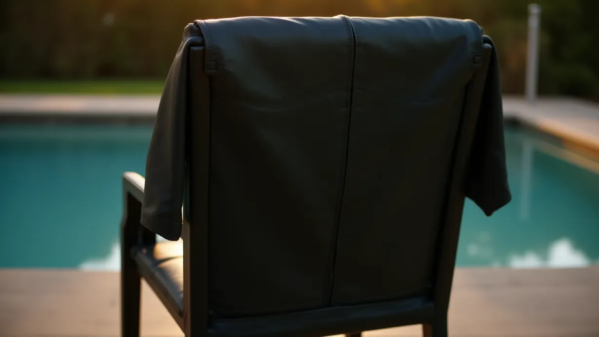Image A close-up, detail shot of a sleek, modern black leather jacket draped over the back of a metal chair by a poolside. The chair sits on a perfectly manicured deck, the surface reflecting the warm, amber glow of the setting sun. The jacket's texture is emphasized by the rim lighting, showcasing the stitching and subtle imperfections of the leather. In the background, a blurred view of the pool and a portion of a manicured lawn suggests a luxurious setting. The scene is imbued with a sense of unspoken tension, the soft light casting elongated shadows and enhancing the feeling of secrets being shared. The overall mood is one of unspoken wealth and hidden connections, hinting at the complex social dynamics of the setting.