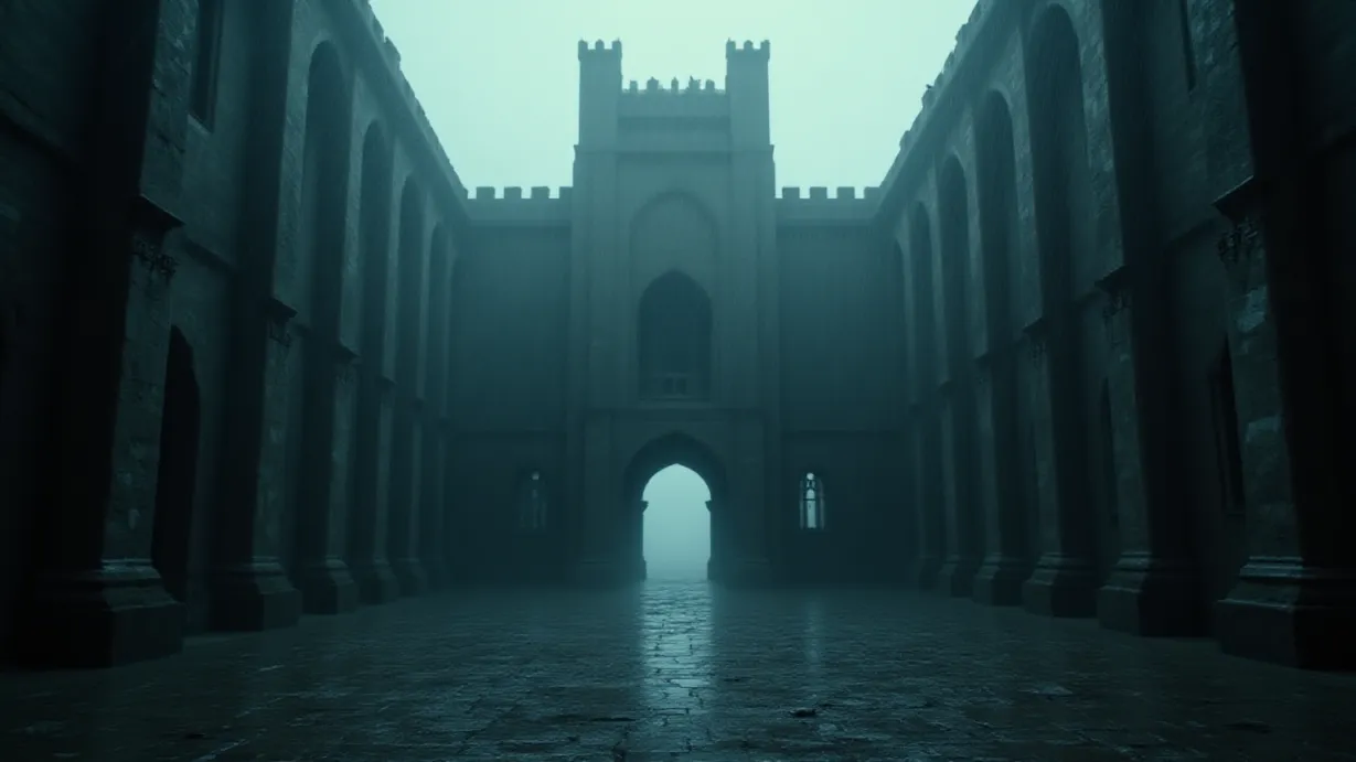 Image A desolate, wide establishing shot of a grand, yet crumbling, castle hall under a perpetually weeping sky. The architecture is gothic, with towering stone walls, arched windows, and a decaying facade. Rain lashes down relentlessly, blurring the details of the castle and creating shimmering reflections on the wet flagstones of the courtyard. A thick fog, heavy with moisture, clings to the ground and swirls around the base of the castle walls, obscuring any distant features and adding to the sense of isolation. The lighting is somber and dramatic; the overcast sky filters the sunlight, casting long, melancholic shadows that accentuate the textures of the weathered stone and highlight the erosion of time. The color palette is dominated by cool, muted tones: greys, blues, and hints of faded gold from what were once opulent decorations. A single ray of weak sunlight pierces the gloom, illuminating a section of the hall and emphasizing the absence of life, creating a stark contrast between light and shadow. The composition follows the rule of thirds, with the castle hall positioned slightly off-center, using the converging lines of the architecture to draw the eye into the depth of the scene. The foreground shows wet cobblestone and broken paving, directing the viewer's gaze to the castle entrance. The depth of field is wide, with a sharp focus on the castle and its immediate surroundings, allowing for intricate detail. The overall mood is one of profound sadness, decay, and the abandonment that hints at a tragic history.