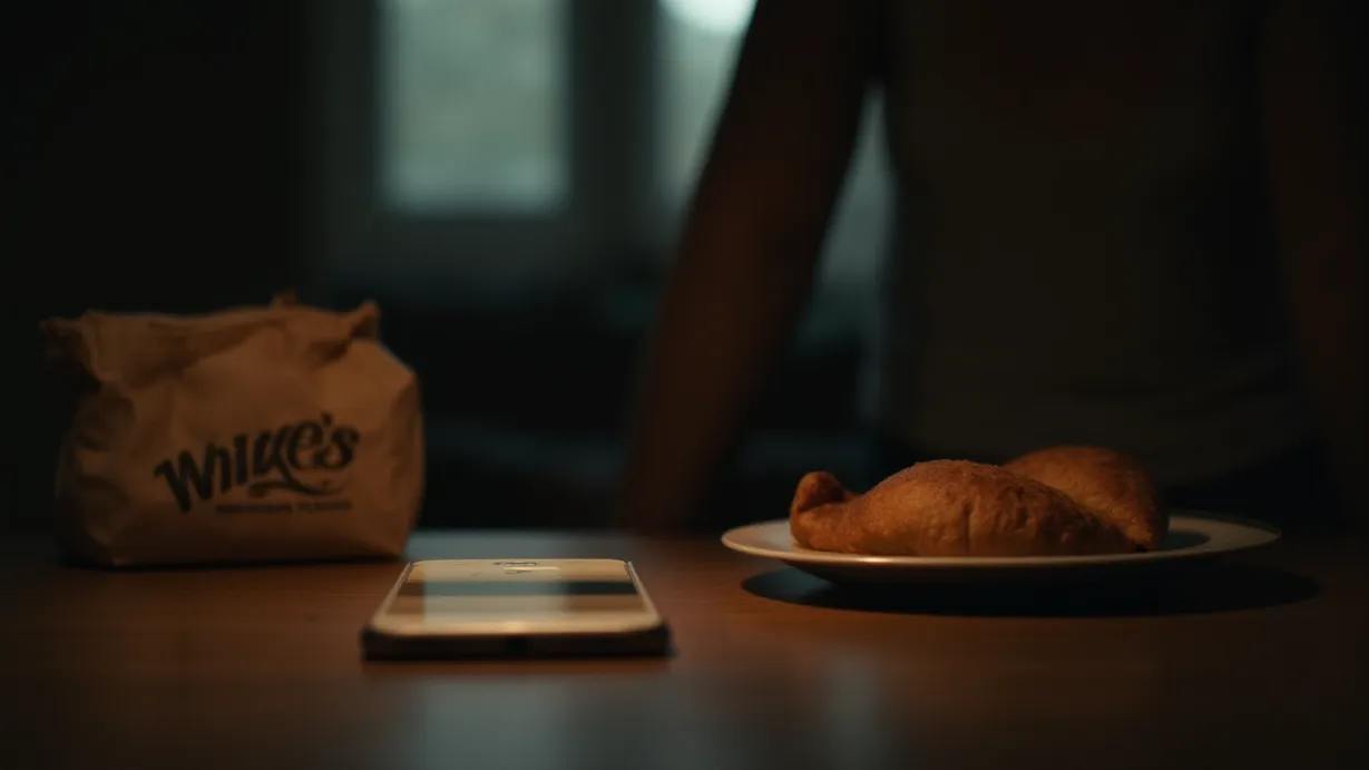 Image A dramatic, close-up shot focuses on a smartphone resting on a worn, wooden kitchen table. The screen is lit, casting a warm, artificial glow. The background is deeply out of focus, but a few details are discernable: a half-eaten pastry on a plate, a crumpled paper bag with a visible logo (Mike's Italian Place), and the blurred silhouette of a woman, seen from behind, her shoulders slightly hunched. The air is thick with a sense of tension, punctuated by the blurred, translucent silhouette of the woman as she struggles to speak. Light from the phone screen softly illuminates the table and highlights the details of the half-eaten pastry. The overall scene is bathed in a dim light, which emphasizes the vulnerability of the moment.