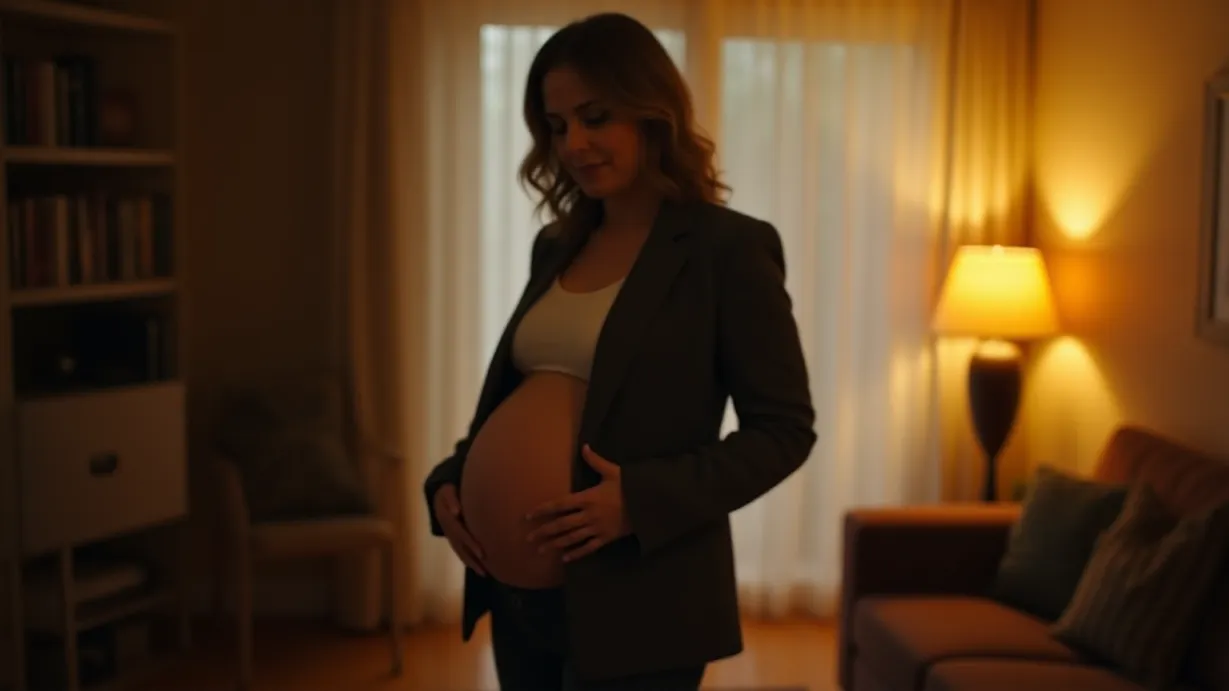 Image Interior shot of a warmly lit living room. A mid-adult woman stands in the center, her back to the viewer, hands resting gently on her visibly round belly. She wears a blazer, the fabric stretched taut, with the texture of the material and the lines of the garment emphasized. Soft, warm light spills from a nearby table lamp, casting a glow around her and highlighting dust motes dancing in the air. The background is slightly blurred, hinting at a cozy and lived-in space: a partially visible bookshelf filled with books and personal items, a patterned rug on the floor, and the edge of a sofa. The atmosphere is intimate and tinged with surprise, evoking a sense of a personal moment caught in a soft glow.