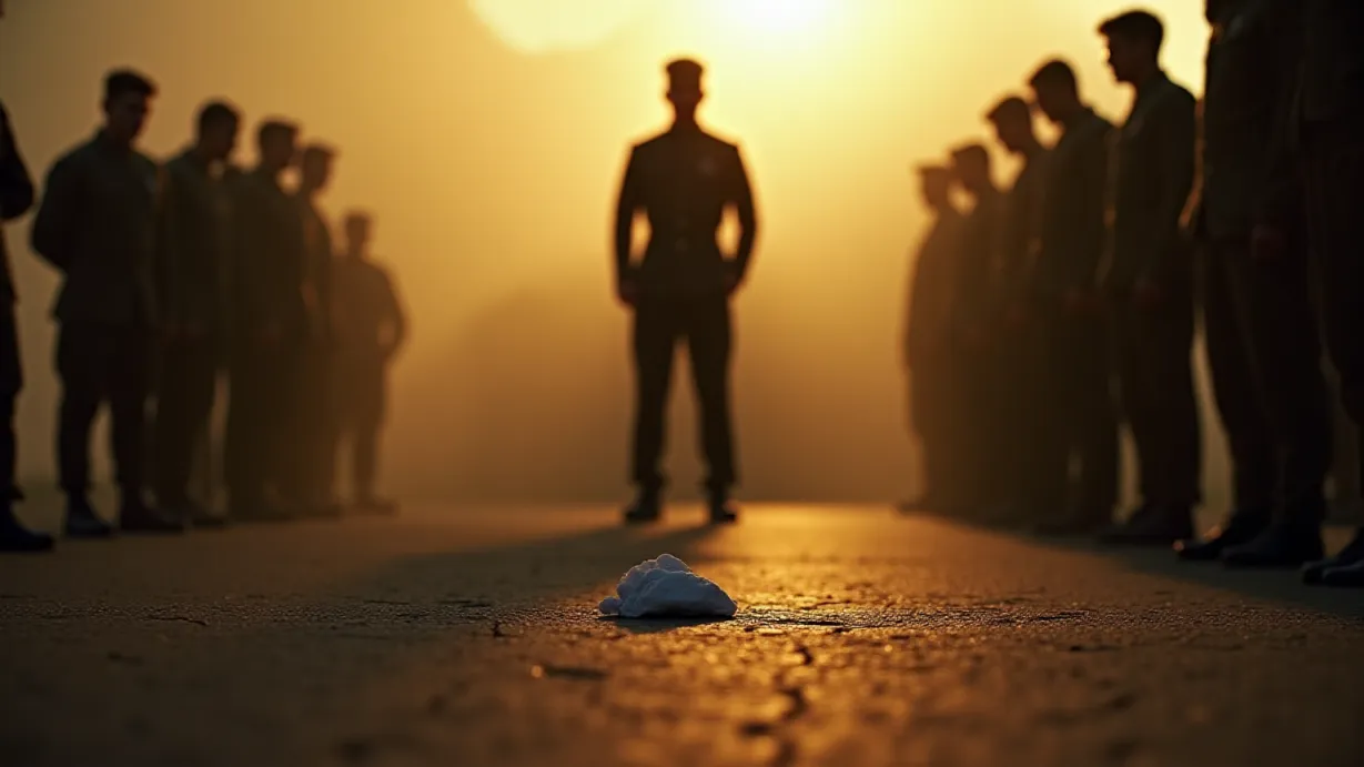 Image A wide shot of the Marine recruits, silhouetted against the harsh morning sun on a cracked asphalt parade ground, their forms rigid with apprehension. The oppressive heat shimmers in the air. In the foreground, the back of Whittlecock, his silhouette defined by the sunlight, his body language radiating authority as he stands over the crumpled piece of paper. Close-up on Whittlecock's hands, his fingers gripping the paper, with a shallow depth of field, the wrinkled texture of the paper is sharply defined. Soft backlighting from the rising sun creates rim lighting around Whittlecock and highlights the nervous energy of the scene. Focus on the subtle tremors of Michaels' hands as he reaches into his pocket, barely visible in profile, drawing all attention to the tension. In the background, the stoic forms of the other recruits, their faces unreadable, emphasize the tense atmosphere. The harsh sunlight casts long shadows, creating a dramatic play of light and shadow. The scene is composed to create a feeling of claustrophobia and unease, emphasizing the dramatic tension. Emphasize the contrast of light and dark, the textures of asphalt, the heat, and the palpable anticipation.