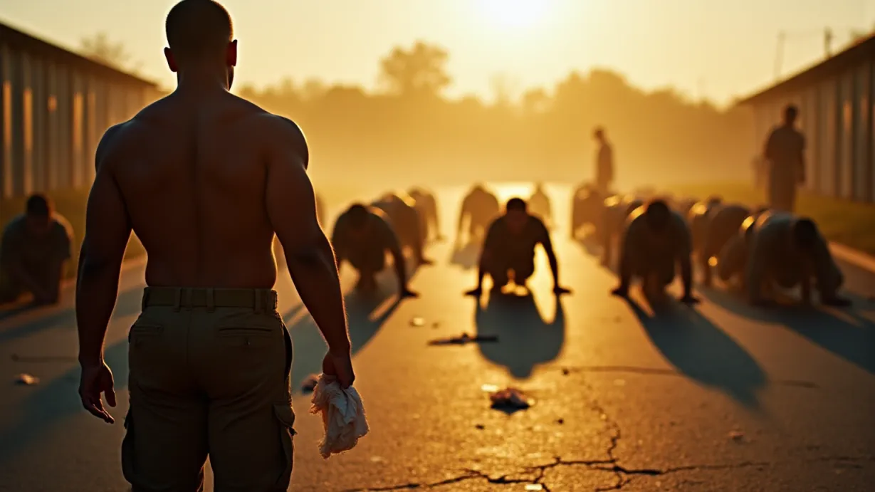 Image A wide shot of a cracked asphalt parade ground at Marine Base Quantico, bathed in the harsh, early morning sun. The air shimmers with heat. Dominating the foreground is Staff Sergeant Whittlecock, seen from behind, silhouetted against the rising sun, his muscular frame outlined by the intense light. His hand, the focal point, clenches around a crumpled piece of paper. Scattered around him are silhouetted figures of recruits, their faces obscured, engaged in a series of pushups. One recruit's arm, trembling with strain, is visible in the periphery. Long, stark shadows stretch across the asphalt, emphasizing the harshness of the environment. The scene is framed by the utilitarian military structures in the background, adding a sense of confinement. The ground is littered with torn paper fragments, remnants of the note. In the distance, the heat creates a subtle distortion effect, contributing to the oppressive atmosphere. Focus is sharp on Whittlecock's hand and the paper, with a shallow depth of field that gradually blurs the background figures and structures.
