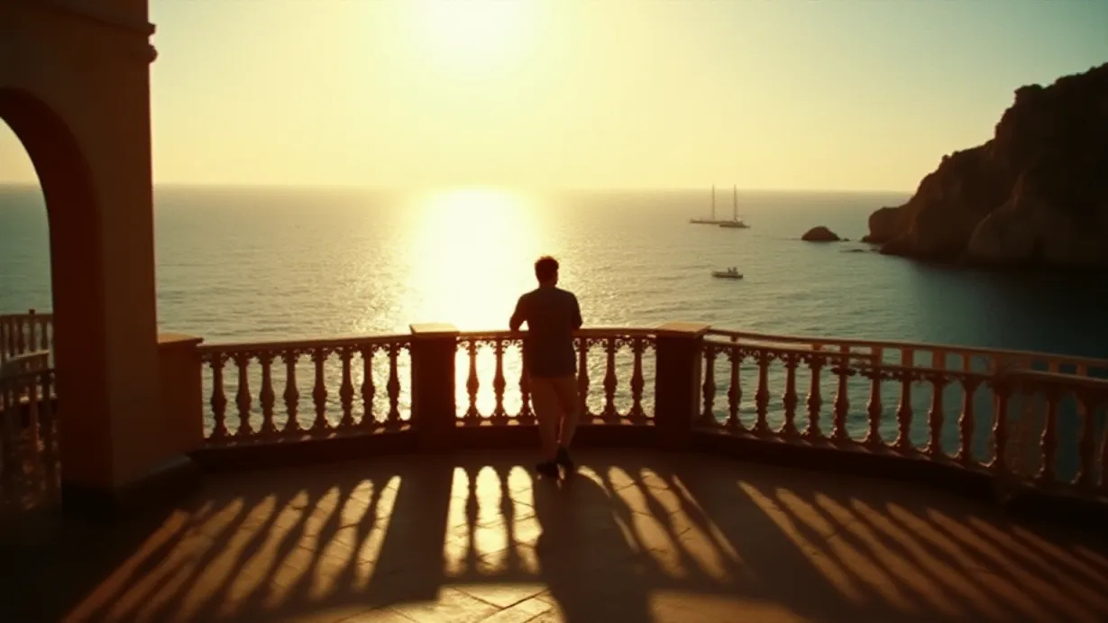 Image Over-the-shoulder view of a man (David), leaning against a terrace railing, gazing towards the ocean. The foreground features a small portion of the terrace's stone flooring, partially obscured by a shadow cast by the late afternoon sun. The railing is intricately designed, catching the light. The ocean stretches out to the horizon, its surface shimmering with the glow of the setting sun. In the distance, a few sailboats dot the water. Rim lighting highlights the silhouette of David and the railing, creating a sense of warmth and anticipation. Focus is primarily on the textures of the stone and the railing, with a shallow depth of field to blur the ocean background slightly. Color palette is dominated by warm hues – golds, oranges, and deep blues – to reflect the sunset, with shadows adding depth and contrast. The overall mood is one of peaceful contemplation and the promise of adventure.