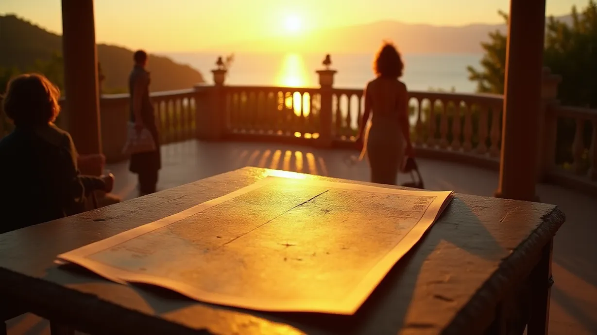 Image A wide shot capturing the terrace of a Mediterranean villa at sunset. The scene is bathed in the golden light of the setting sun, casting long, dramatic shadows across the polished stone terrace. In the foreground, a detailed map, illuminated by a single shaft of sunlight, lies open on a stone table. The wind gently ruffles the edges of the map and a thrift store suit jacket draped over a chair. Partially visible, Mrs. Chen approaches the table, her silhouette defined against the fading light, holding a stack of papers. Shane and David are positioned near the railing, their forms partially obscured by the angle, their backs to the viewer, David gesturing towards the coastline on the map. The vast ocean stretches out to the horizon, reflecting the colors of the sunset. The atmosphere is one of hushed anticipation and the weight of important decisions. The focus is sharp on the map and the textures of the stone, with a shallow depth of field blurring the distant ocean and the edges of the villa to create depth.