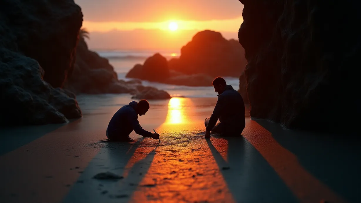 Image A wide shot of a secluded beach cove at dusk. The scene is bathed in the warm, fading light of the setting sun, casting long shadows from a cluster of large, weathered rocks that partially obscure the view of the ocean. The sand is damp, reflecting the last glimmers of the sun in shimmering patches. Two figures are positioned behind the rocks, their forms partially silhouetted. One is kneeling, drawing in the sand with a stick, while the other stands slightly behind, their posture suggesting intense focus. The drawing in the sand is partially visible, showing crude diagrams of a network. The overall atmosphere is one of hushed intensity, the air thick with the sound of the waves, punctuated by the gentle scrape of the stick on the sand and the implied undercurrent of secret plotting. The color palette consists of warm oranges and reds from the sunset blending into cool blues and purples in the shadows, creating a dramatic contrast. The shallow depth of field focuses the viewer's attention on the drawing and the two figures, while the rocks and ocean provide a sense of vastness and isolation.