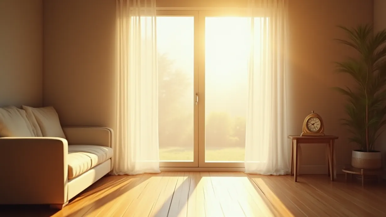 Image An ethereal establishing shot of a sun-drenched living room, early morning light filtering through sheer white curtains, illuminating floating dust motes. The room is tastefully decorated with minimalist furniture, soft textures, and a muted color palette of warm beige, cream, and pale wood. The focal point is a large, open window framing a view of a misty, sunlit garden. Volumetric light streams through the window, casting long shadows across the polished wooden floor. A single, antique clock sits on a side table, its hands subtly blurred, indicating the passage of time. The air is thick with the subtle scent of morning dew and lingering coffee. Dramatic shadows play across the room, adding depth and mystery to the scene. The overall atmosphere is one of peaceful anticipation and quiet joy. The image is to be rendered with high detail, utilizing photorealistic techniques to capture the subtle textures of the fabrics, the grain of the wood, and the delicate dance of light and shadow. NO CHARACTERS