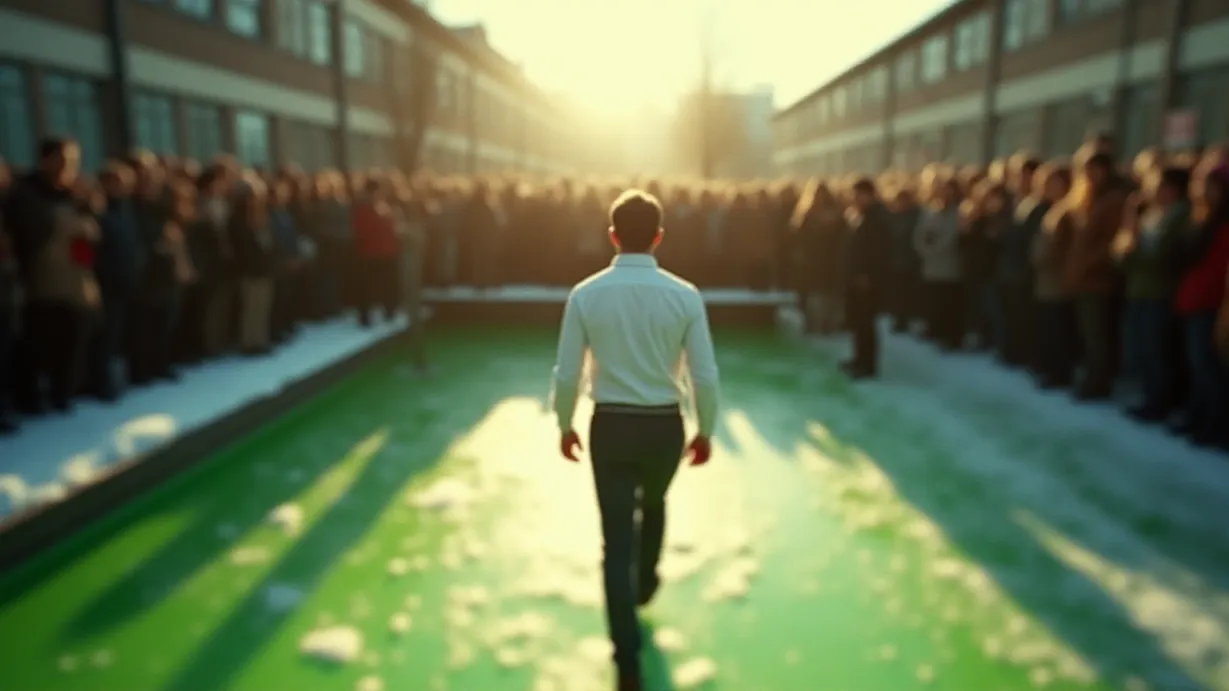 Image A wide shot of the school courtyard on a crisp winter day, focusing on the dramatic approach to the dunk tank. A lone figure, clad in a pristine white shirt, strides purposefully towards the ladder, his silhouette sharply defined against the bright winter sun. The crowd, a blurred mass of excited faces and cheering voices, creates a cacophony of sound and anticipation. The air is cold, and sunlight casts long, defined shadows across the scene, illuminating the neon green of the slime-filled dunk tank. The focus is on the tension conveyed by the silhouette and the crowd. A slight tilt-shift effect to enhance depth and emphasize the figure's approach.