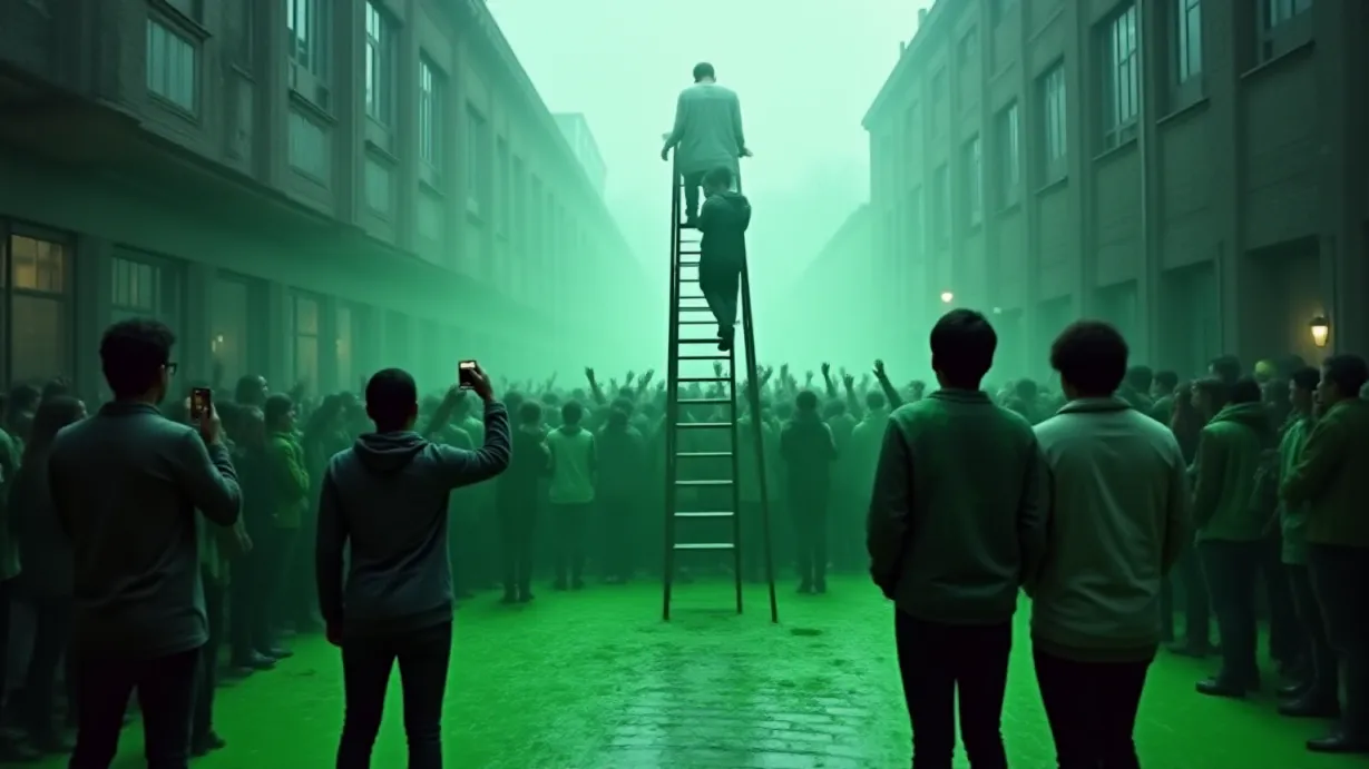 Image A wide, dramatic shot of a crowded school courtyard, bathed in the cool, overcast light of a winter afternoon. Rain-slicked cobblestones reflect the diffused light, highlighting the vibrant neon green slime splattered across the ground. In the center, a tall ladder ascends towards the grey sky, with the back of a figure in a white shirt, illuminated by a shaft of ethereal light, gripping the rungs. The crowd below, a swirling mass of students in varying states of slime coverage, is rendered in silhouette, their arms raised, their faces obscured, emphasizing their collective energy and the feeling of excitement. Partially obscured figures with smartphones held high, capturing the event. The foreground is dominated by the backs of two figures, their green-stained clothes touching, adding to the sense of immersion. The composition uses strong diagonal lines, guiding the eye towards the ladder and the figure ascending it. Depth of field focuses on the ladder and the figure, blurring the surrounding details to heighten the sense of drama. Dramatic lighting effects include backlighting on the figure and rim lighting on the crowd, which creates a sense of anticipation and tension.