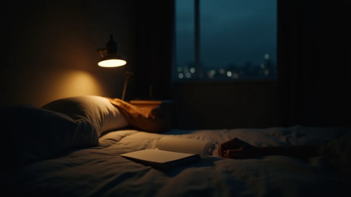 Image Interior, Kevin's bedroom at night. The room is dimly lit, with a single desk lamp casting a warm, golden glow on the bed and the pages of a letter. The room is sparsely furnished, reflecting a sense of solitude and the weight of the past. Rain streaks down the window, blurring the city lights and creating a melancholic atmosphere. The camera focuses on the bed where the letter sits. A single hand, illuminated by the lamp, is turning a page, the delicate blue of the stationery visible. The scene emphasizes the emotional intimacy of reading the letter, with the surrounding objects serving as silent witnesses to the unfolding story of the mother's past and the son's feelings. The composition highlights the contrast between the warmth of the light and the darkness of the room, drawing attention to the letter and the act of reading.