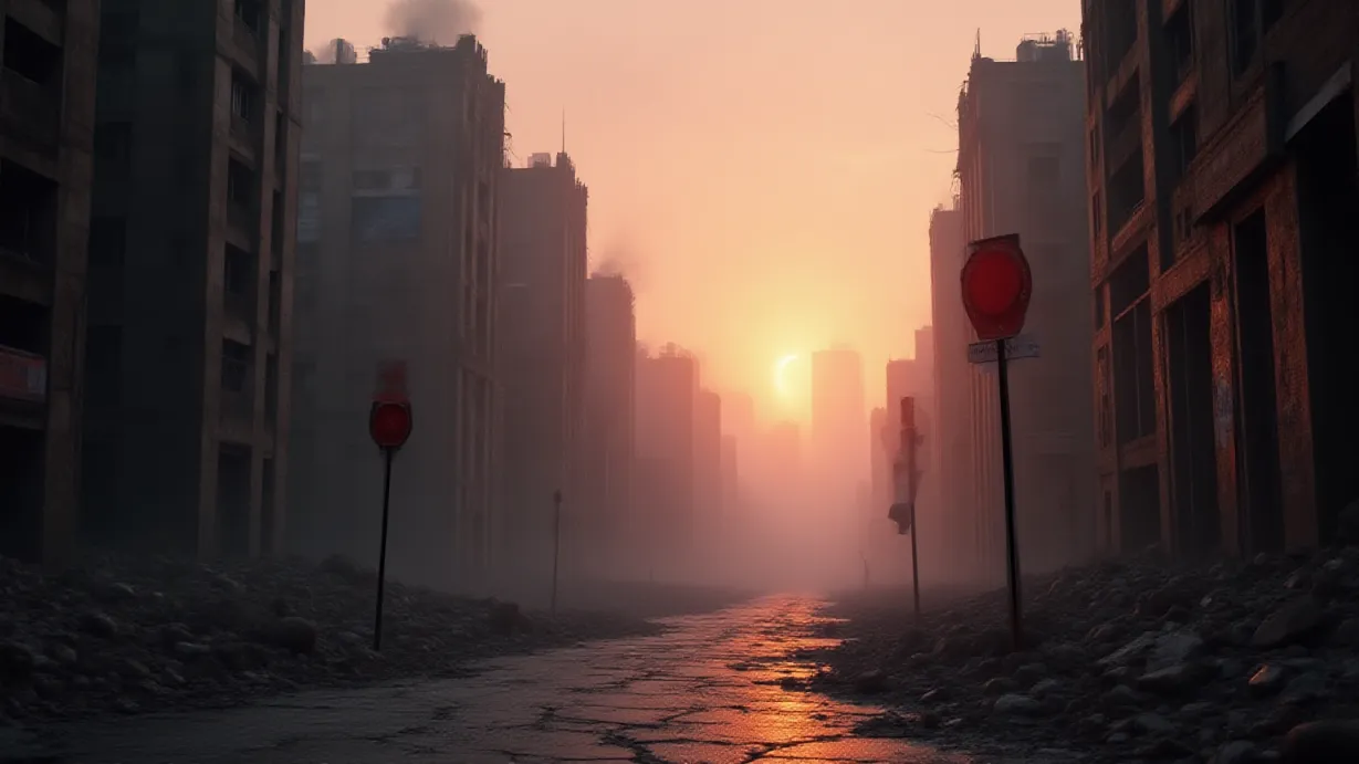 Image Establishing shot of a war-torn, post-apocalyptic cityscape at dawn. The scene is awash in a thick, ochre-tinged fog that obscures the distant skyline, leaving only the jagged silhouettes of decaying skyscrapers visible. The foreground is dominated by rubble-strewn streets, cracked asphalt reflecting the faint, sickly glow of the rising sun struggling to pierce the pervasive smog. Buildings are riddled with gaping holes from explosions, their skeletal frames draped with tattered remnants of banners and signs. Dust motes dance in the diffused light, creating a sense of perpetual twilight. The color palette is dominated by muted browns, grays, and rust-colored hues, punctuated by the occasional flash of vibrant, decaying graffiti. Volumetric light streams through breaches in the buildings, casting long, dramatic shadows that emphasize the desolation. A sense of profound stillness and hopelessness permeates the atmosphere, broken only by the unseen whispers of the wind. A single, rusted stop sign leans precariously in the foreground, a testament to a forgotten order. The sky is a bruised purple, hinting at the chaos that has become commonplace.  The shot is framed using the rule of thirds, with the skyline positioned along the upper third and the broken street occupying the lower third, drawing the eye towards the focal point of the ruined city.  Focus is shallow, with a slight depth of field to enhance the sense of ruin. There is a texture everywhere.