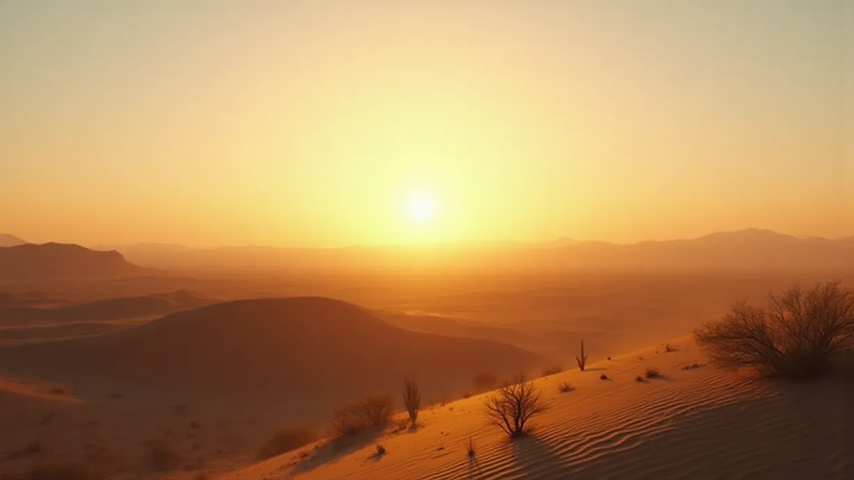 Image Establishment shot of the vast Texan desert at dawn, with a wide-angle perspective emphasizing the desolation and endless horizon. The sky is a gradient of warm oranges and soft pinks, with the first rays of sunlight piercing through the lingering morning mist that hugs the ground. Dust motes are visible in the air, illuminated by the sunbeams, creating a sense of depth and atmosphere. The composition follows the rule of thirds, with the horizon line positioned low to accentuate the expansive sky. The foreground features rolling sand dunes with subtle textures and shadows, emphasizing the rough terrain. Weathered, sun-bleached cacti and sparse desert flora are scattered across the dunes, adding texture and scale. The lighting is soft and diffused, casting long shadows that emphasize the contours of the dunes. The color palette is dominated by warm tones: golds, oranges, and tans for the sand and sky, complemented by the cooler blues and purples in the distant haze. The overall mood is one of solitude, vastness, and the promise of a harsh but beautiful day. Volumetric lighting from the rising sun dramatically enhances the misty atmosphere. The scene should feel quiet and empty, highlighting the long journey ahead.