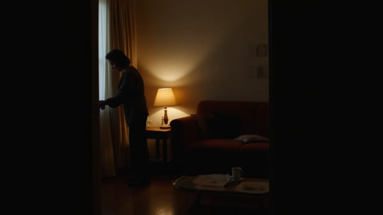 Image Interior view, twilight. The living room is softly illuminated by the warm glow of a table lamp, casting long shadows across a well-worn couch. A half-finished cup of tea sits on a low coffee table, reflecting the lamplight. The scene is viewed from behind a doorway, with the doorframe acting as a natural border, drawing attention inwards. A single figure, viewed from the back, is at the door, hand on the knob, framed by the soft light. The room is filled with a gentle sense of peace and the muted sounds of the night. The overall effect is one of quiet solitude and the end of a shared moment. The style evokes a sense of calm and closure.