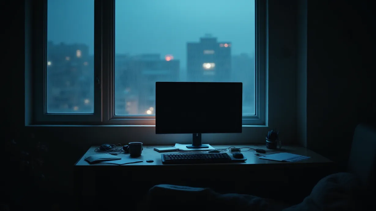 Image A dimly lit, wide-angle establishing shot of a modern, cluttered apartment room at twilight. Heavy, diffused light streams through a large window, illuminating dust motes dancing in the air and creating dramatic volumetric lighting. Rain streaks down the windowpane, blurring the city lights visible in the distance. The central focal point is a modern, slightly messy desk positioned near the window, with a large, high-resolution monitor dominating the scene. The monitor screen is dark, reflecting the dim light of the room. Various electronic devices like a keyboard, mouse, and headphones are scattered across the desk surface, along with scattered papers and a half-empty coffee mug. The room's color palette consists of cool, muted tones: deep blues and grays from the impending night, contrasted with the warm, artificial glow emanating from electronic devices. The room has a slightly chaotic, lived-in feel, suggested by the arrangement of objects and the slightly disheveled state of the environment. The composition uses the rule of thirds, with the desk and window forming strong vertical and horizontal lines. The foreground is slightly out of focus, drawing attention to the desk and the window, which acts as a framing element. The overall mood is one of suspense, isolation, and technological mystery.