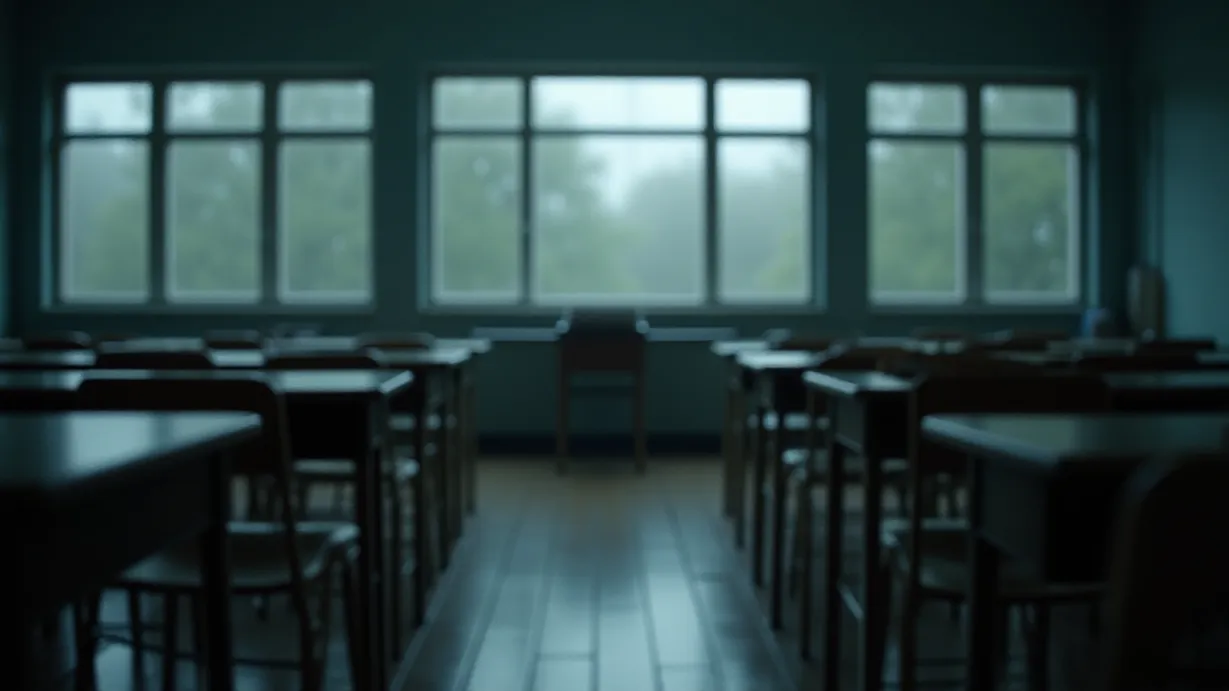 Image A wide, establishing shot of a generic high school classroom interior on a gray, overcast day. Rain-streaked windows frame the scene, with blurred views of wet trees and a muted, monochromatic exterior. Diffused natural light filters through the windows, casting soft shadows and a gentle haze across the room. The room is filled with rows of empty desks and chairs, with a slightly worn, aged aesthetic. The wooden desks show signs of wear and tear, with a few scattered textbooks and notebooks. Dust motes are gently suspended in the air, illuminated by the ambient light. The focal point is the teacher's desk at the front of the room, which is partially obscured by a thick, dark shadow, creating a sense of mystery. Volumetric light penetrates the room, emphasizing the texture of the wooden floor and the details of the desks. The color palette is dominated by cool tones of gray, slate blue, and muted browns, enhanced by the soft contrast between light and shadow. The composition follows the rule of thirds, with the windows and desks creating leading lines towards the teacher's desk. The depth of field is moderate, with a slight blurring of the foreground to emphasize the empty classroom and draw the viewer's eye towards the focal point at the front of the class.