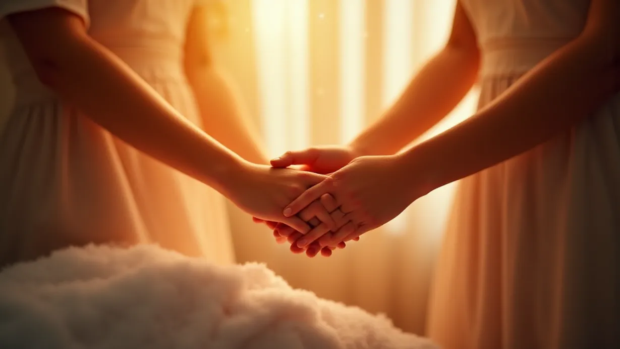 Image A continuation of an intimate moment, focusing on the gentle touch and shared feelings, rendered in a painterly style with soft lighting and a shallow depth of field. The scene takes place in a warm, sunlit bedroom. Light filters through a sheer curtain, casting a soft, hazy glow across the room. Dust motes dance in the sunbeams, adding to the ethereal atmosphere. The focus is on the delicate touch and the connection between two people. The composition highlights the hands intertwined, the soft textures of skin and fabric, and the warm embrace of the light. The feeling is one of profound tenderness and appreciation. The lighting creates pockets of brightness and shadow, focusing the eye on the shared connection between the two individuals. The color palette is warm and inviting, with soft pinks, oranges, and golds enhanced by the sunlight. The composition should subtly guide the viewer's eye through the scene, emphasizing the details and creating a sense of intimacy and serenity.
