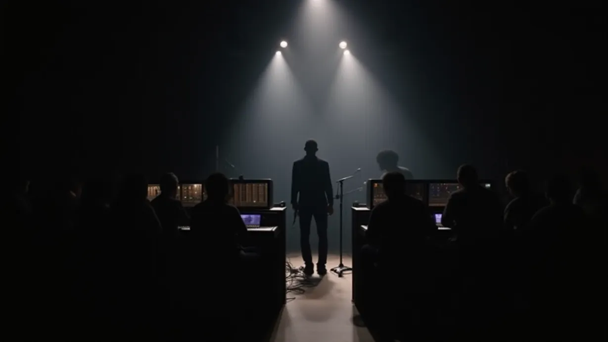 Image A wide shot of a dimly lit recording studio, the air thick with anticipation. Focus on the back of a figure (Leon Williams) standing on a small stage in the distance, illuminated by a single spotlight. The spotlight creates a dramatic halo effect around him, highlighting his silhouette and the microphone in his hand. The foreground is filled with the blurred outlines of figures seated at mixing boards and control panels, their faces obscured by shadows and equipment. The room is filled with expensive equipment and soundproofing panels. The lighting is dominated by the spotlight and the soft glow from the equipment screens, casting deep shadows and creating a sense of intimacy and excitement. Focus on the equipment to indicate this is a recording studio scene.