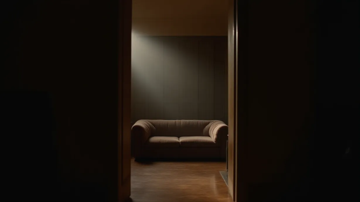 Image A wide, dramatic shot of a luxurious Beverly Hills living room at dusk, seen from the doorway. The room is expensively furnished, with a plush, oversized couch as the central element. Strong, low-angle lighting spills in from a hidden source, casting long, dramatic shadows across the room. Dust motes, illuminated by the light, drift in the air, contributing to a sense of unease. Selective focus on the couch emphasizes the emptiness. In the foreground, only the edge of the doorframe and the corner of the wall are visible, drawing the viewer inward. The overall mood is one of isolation and the weight of recent events.