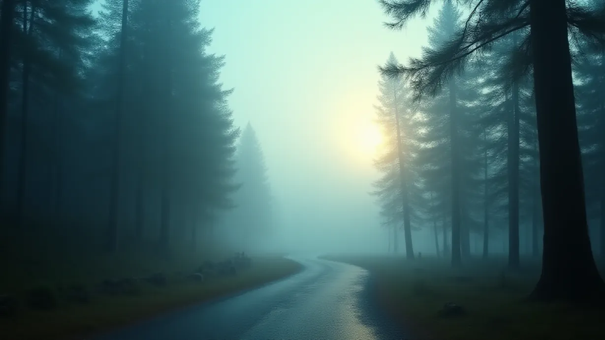 Image An establishing shot of Adventure Bay at dawn, shrouded in a thick, ethereal mist. The first rays of the sun are beginning to pierce through the fog, creating dramatic shafts of volumetric light that illuminate the tops of the towering pine trees that dominate the foreground. A light, cool breeze gently stirs the branches, causing a subtle rustling and scattering of dew drops. The color palette is dominated by cool blues and greens, with hints of gold where the sunlight breaks through, creating a sense of peace and anticipation. The focal point is a winding road that leads into the heart of the bay, drawing the viewer's eye inward. The road is slightly damp, reflecting the faint sunlight and adding to the sense of depth. Weathered wooden docks stretch out into a calm bay. The distant horizon is blurred by the mist, suggesting the vastness of the world beyond. The air is crisp and cool, promising a day of activity and hidden possibilities. A subtle sense of mystery lingers in the air, the dawn offering a blanket of serenity.