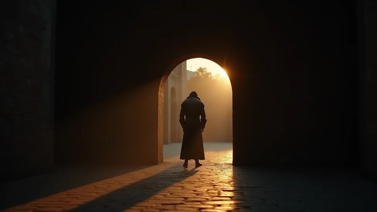 Image A wide shot capturing the late afternoon in a secluded corner of the Hero Academy courtyard. The setting sun casts long, dramatic shadows across the weathered brick walls and cobblestone ground. The focal point is a shadowed alcove formed by a crumbling archway, where the remnants of sunlight barely reach. Leonidas, his back to the viewer, stands with his shoulders slumped, his hands clasped in front of him, the scaled skin catching the last rays of light. Dust motes dance in the air, illuminated by the sun's fading glow. The overall atmosphere is one of isolation, regret, and the weight of unspoken words. Selective focus emphasizes the texture of the stone and the play of light and shadow, with the alcove and Leonidas's form as the primary subject, while the vast open courtyard subtly recedes into a blurred background. The warm light from the setting sun blends with the shadows, creating a melancholic and introspective mood.