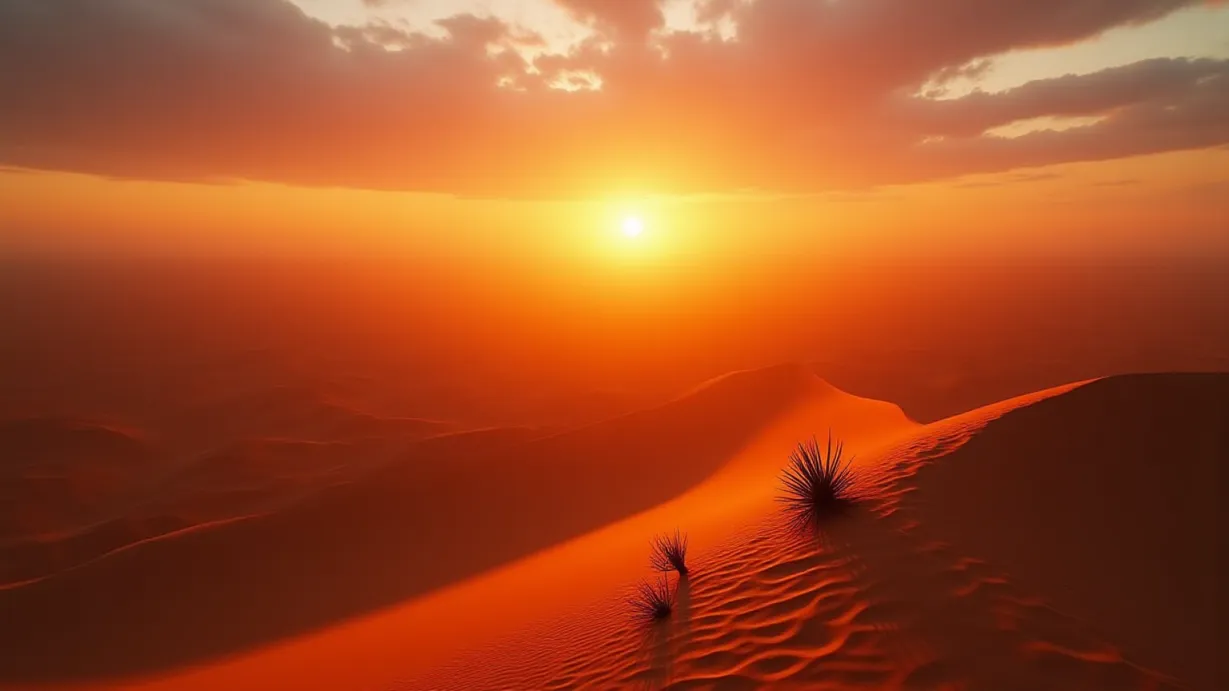 Image A vast, desolate desert landscape at dawn. The sky is a blend of fiery oranges and deep purples, with long, ethereal streaks of high-altitude clouds catching the first rays of the sun. A thick haze of fine, reddish dust hangs low to the ground, obscuring the distant horizon and creating a sense of immense scale and isolation. The foreground is dominated by rolling dunes, their surfaces sculpted by the wind into intricate patterns of texture and shadow. The sand is a deep ochre, transitioning to a burnt umber in the shadowed troughs and valleys. The sun, just breaking over the horizon, casts long, dramatic shadows that stretch across the dunes, emphasizing the textures and undulations of the sand. Occasional, gnarled desert plants, stunted by the harsh environment, are silhouetted against the rising sun, their spiky forms adding a touch of resilience to the scene. Volumetric light, diffused by the dust, illuminates the scene, creating a sense of depth and highlighting the intricate details of the landscape. The air shimmers with heat, suggesting an intense, silent solitude. The overall mood is one of quiet immensity, foreboding beauty, and a hint of the destructive power that might lie hidden within the landscape.