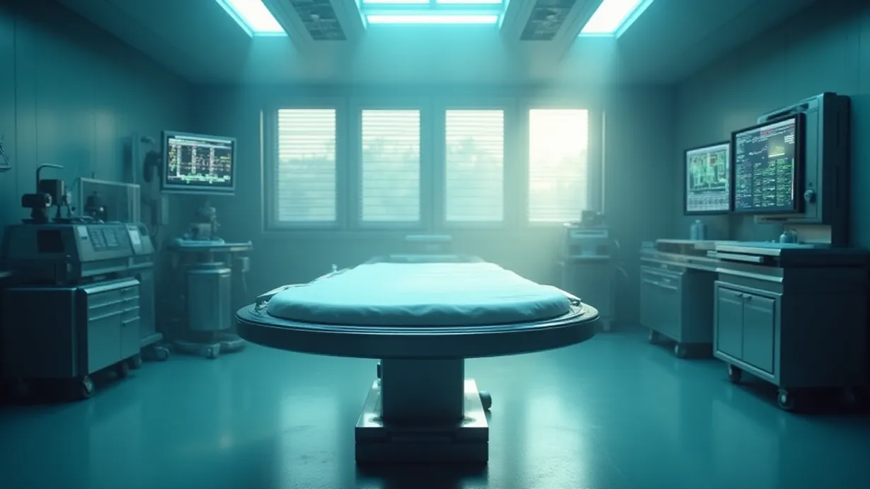 Image A sterile, high-tech laboratory. The scene is bathed in the soft, diffused light of early morning. Beams of light, filtered by blinds, cut across the room, illuminating particles of dust suspended in the air. A large, circular operating table dominates the center, its polished surface reflecting the ambient light and the room's geometric shapes. The air is thick with a subtle, almost metallic scent, hinting at the presence of advanced equipment. The walls are a cool, muted gray, contrasting with the sleek stainless steel of the medical equipment. Monitors on the walls display complex data streams, the screens emitting a soft, ethereal glow. Empty, open-ended arm holders lie on the table with clean white cloth. The composition follows the rule of thirds, focusing on the operating table as the main focal point, with the leading lines of the lab's architecture guiding the viewer's eye deeper into the scene. The color palette leans towards cool blues and grays, punctuated by the warm, inviting glow of the light and the colorful data visualizations on the monitors. The overall mood is one of clinical precision mixed with a subtle sense of anticipation and mystery. High depth of field, with a focal point on the operating table. Volumetric lighting. Weathered textures on the metal of the machines and subtle smudges on the glass surfaces to enhance the realism.