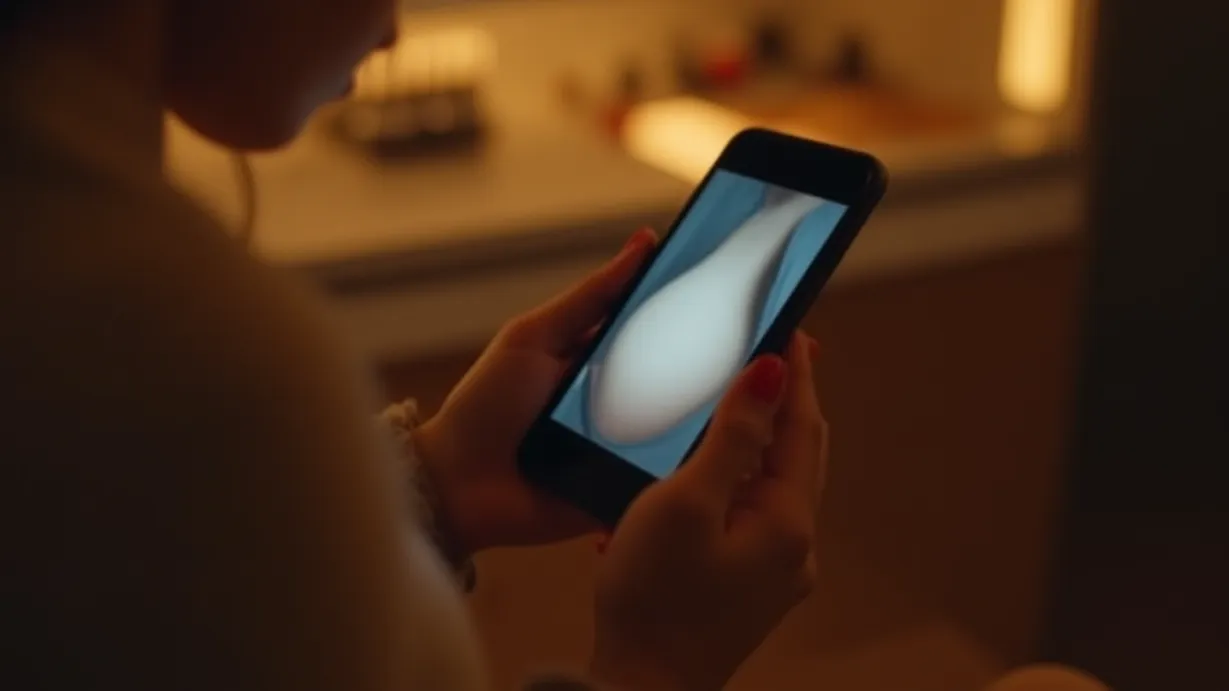 Image Close-up shot focusing on a smartphone held in a woman's hands. The phone screen displays a video showcasing a pregnant belly with a subtle, slow bump moving across the surface. The hands gently cradle the phone, their fingers softly illuminated by the screen's glow. The background subtly reveals the modern interior of a nail salon: soft, diffused ambient lighting, a polished nail station with manicure tools, and rows of polish bottles. The environment exudes warmth and coziness. The mood is intimate and emotional, reflecting the tenderness of the video's content. Soft rim lighting outlines the woman's hands, creating a subtle silhouette against the screen's light. The color palette is warm, with amber and gold tones from the screen mingling with the neutral salon colors, creating a sense of closeness and shared experience. The camera angle emphasizes the phone screen and hands, and the subtle motion of the bump adds a touch of anticipation and wonder, a shallow depth of field, with selective focus on the phone screen and hands, blurring the background.