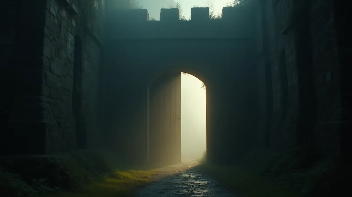Image A wide establishing shot of a grand, decaying castle entrance shrouded in a dense, swirling fog. The imposing wooden door, weathered and cracked, is the focal point, slightly ajar and illuminated by a sliver of pale, filtered sunlight piercing through the mist. The stone facade of the castle is partially obscured by ivy and moss, with visible signs of neglect and age - crumbling stonework, darkened patches, and water stains. The ambient light is dim, with dramatic shadows cast by the fog and the uneven terrain surrounding the entrance. Volumetric light streams through the opening, creating an ethereal effect. The color palette is muted, with tones of gray, brown, and faded green, punctuated by the subtle gold of the sunlight. The composition follows the rule of thirds, placing the door slightly off-center with leading lines created by the path leading up to it, drawing the viewer's eye. The depth of field is shallow, blurring the foreground and background, emphasizing the atmospheric perspective and creating a sense of mystery and anticipation. The texture is rough and detailed, emphasizing the age and decay of the castle, with water droplets clinging to the weathered surfaces.  The air is heavy with moisture, and a sense of foreboding permeates the scene. 
