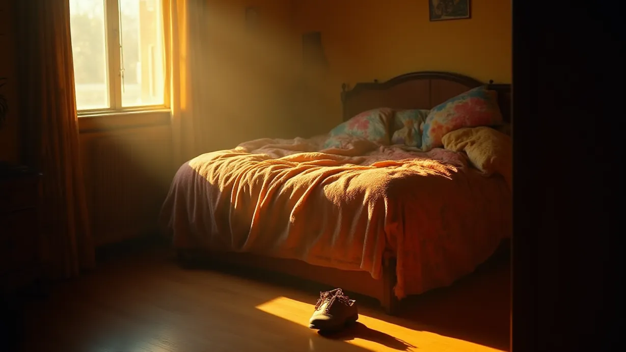Image A sun-drenched bedroom, bathed in warm, diffused light. Golden rays stream through a slightly ajar window, illuminating dust motes dancing in the air. The scene is centered on a large, unmade bed covered in a variety of colorful blankets and pillows, slightly rumpled. A single, worn leather shoe rests at the edge of the bed, near the floor. The focus is on the texture of the bedding and the subtle play of light and shadow across the room. The overall mood is relaxed, intimate, and inviting. Volumetric light spills across the floor, accentuating the depth of field. Soft shadows are cast by unseen furniture. The air is still and quiet, with a hint of warmth. The color palette is comprised of warm, earthy tones, with touches of vibrant color from the blankets and pillows, contrasted by the cooler, slightly overcast light filtering from the window. Intricate patterns from the bedding add richness and detail. The composition utilizes leading lines, emphasizing the bed and focal point. The camera angle is low, capturing a sense of intimacy.