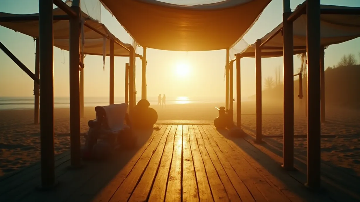 Image A wide establishing shot of a sun-drenched, bustling beach gym at dawn. The air is thick with the salty mist of the ocean, slightly obscuring the distant horizon and creating a sense of depth. Volumetric sunlight, breaking through gaps in the coastal fog, casts long, dramatic shadows across the weathered wooden planks of the gym's deck, and highlights glistening wet sand. The gym equipment, a collection of repurposed metal and reclaimed wood, is arranged haphazardly but with a clear functional layout. Rusted weights and pull-up bars stand silhouetted against the warm glow of the rising sun. A gentle, cool breeze rustles through the tattered canvas awnings overhead. The color palette is warm and inviting, with the golden hues of the sunrise contrasting against the cool blues and greens of the ocean and sky. Focus is sharp on the foreground gym equipment, gradually softening towards the ocean, creating a visual emphasis on the setting. A discarded towel lies draped over a bench, and a lone water bottle rests on the ground, adding visual storytelling details. The overall mood is one of anticipation, energy, and quiet dedication.