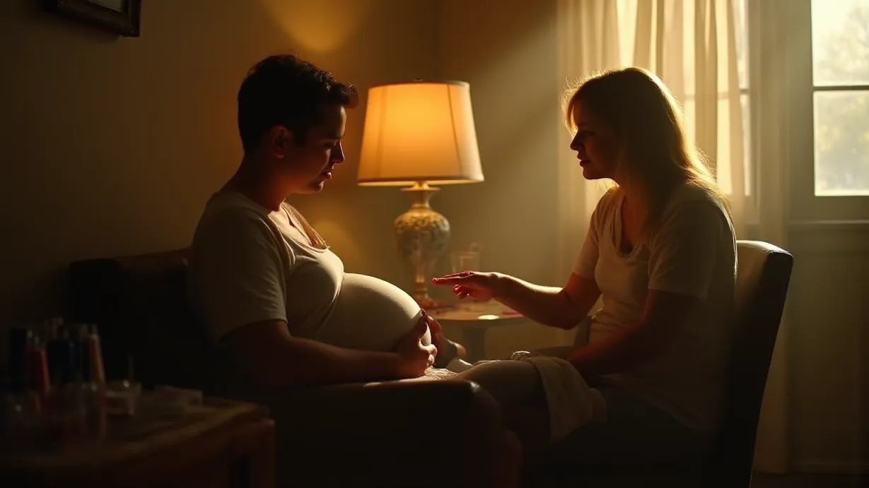 Image Interior of Lenora Nails, bathed in warm, diffused light. Focus on the interaction between Lenora and Hayden.  Hayden, viewed from the back, sits in a waiting area chair, hand resting on his prominent baby bump.  A nail station is in the foreground with Mrs. Johnson's hand, partially visible, receiving a nail polish application from Lenora.  Details: reflection on a glossy nail, the gleam of the lamp, gentle shadows on the wall from the afternoon sun filtering through the window, nail polish bottles on a table, the texture of the chair, the subtle stretch of Hayden's t-shirt. Focus on the bond between the couple. Light is coming in from the window on the right, with a warm, golden hue. Soft shadows create contrast and depth. Ambient light reflecting off the shiny surfaces. The overall mood is one of domesticity and calm before a tragic event.