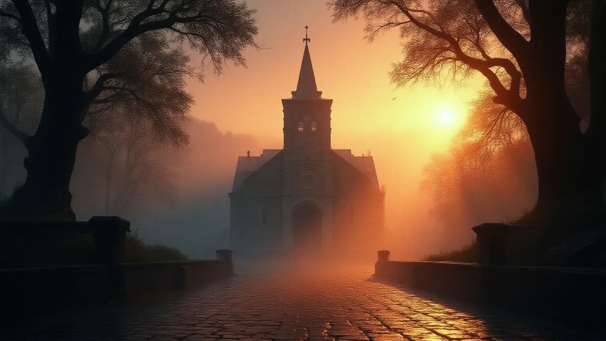 Image A wide establishing shot of the City of the New Jerusalem Church at dawn. The church, a grand structure of weathered stone, is bathed in the ethereal glow of the rising sun. Dense fog hangs low in the valley, partially obscuring the church's foundation and creating a sense of mystery and anticipation. Shafts of golden sunlight pierce through the mist, illuminating the church's steeple and casting long, dramatic shadows across the cobblestone courtyard. The sky transitions from deep indigo to fiery orange and pink, reflecting the light and creating a vibrant color palette. Old, gnarled trees frame the scene, their branches reaching towards the sky, adding depth and texture to the composition. The air is heavy with moisture, visible in the droplets clinging to the weathered surfaces of the church walls. The overall mood is one of hope, redemption, and the dawn of a new day, symbolizing the transformative power of faith. Volumetric lighting enhances the sense of depth and atmosphere, highlighting the textures of the stone and fog. There are no visible human figures, emphasizing the environment as the protagonist.