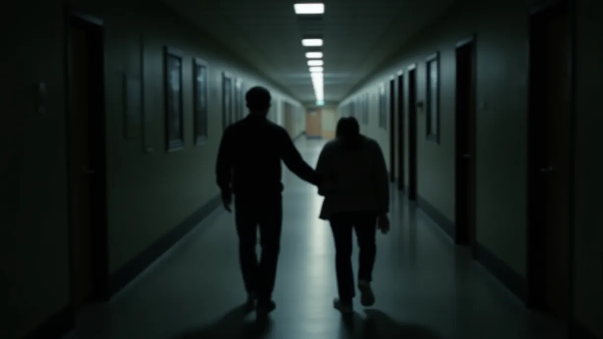 Image A long, dimly lit hallway in a public school, bathed in the muted light filtering from unseen windows. Shadows stretch and distort the linoleum floor, creating an unsettling atmosphere. The air is heavy with the lingering scent of cleaning chemicals and the distant murmur of students. Focus on the receding perspective of the hallway, with a subtle vignette effect emphasizing the center. Jason, viewed from the back, his hand firmly gripping Lin's arm, leading him away from the scene. Lin's silhouette is partially obscured, revealing only their slumped posture, conveying exhaustion and the weight of the moment. The overall mood is one of quiet desolation, a stark contrast to the recent violence, emphasizing the aftermath and the irreversible change.