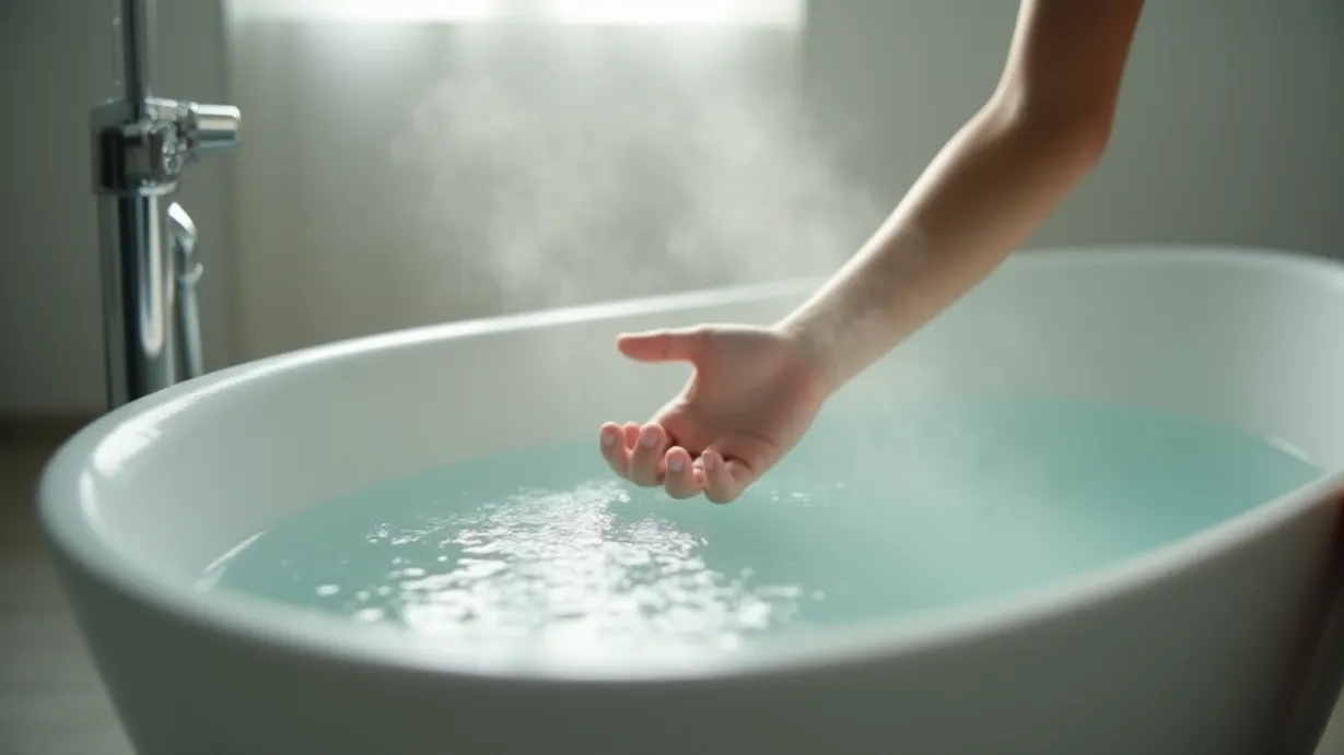 Image A close-up detail of a porcelain bathtub, partially filled with water reflecting soft, diffused light from above. Steam rises gently, creating a hazy atmosphere. A hand, reaching out, is the primary focus; skin is visible, with water droplets glistening. The other hand is out of frame. Selective focus emphasizes the texture of the skin and the water's surface. The background is a blurred expanse of white tile and minimalist bathroom fixtures. The mood is intimate and sensual. The image emphasizes texture, moisture, and the play of light and shadow, evoking a sense of touch and anticipation. The scene is designed to evoke a sense of privacy and intensify the focus on the tactile elements.