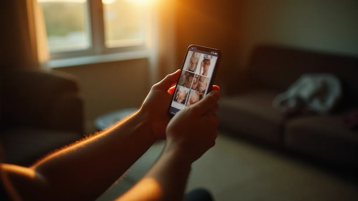 Image A close-up on a smartphone held in a male hand, bathed in the warm, late afternoon light filtering through a window. The phone screen displays a gallery of five nude photos, each partially visible and blurred to protect sensitive content. The hand holding the phone is tense, knuckles white, with a visible vein straining on the wrist. The background is a blurred interior, suggesting a suburban home – hints of a familiar sofa, a patterned throw, and the edge of a doorway. The air is thick with a palpable tension, emphasized by the dust motes illuminated by the sunbeams. The color palette is dominated by the warm hues of the setting sun against cool interior shadows, emphasizing the contrast between the digital evidence and the physical space. The composition should use a strong diagonal line created by the arm and phone to direct the viewer’s eye across the frame. Focus is sharp on the phone screen and the hand, while the background is intentionally out of focus to heighten the feeling of isolation and shock. A single object, perhaps a discarded hoodie, is visible in the periphery, evoking a sense of familiarity and unease.